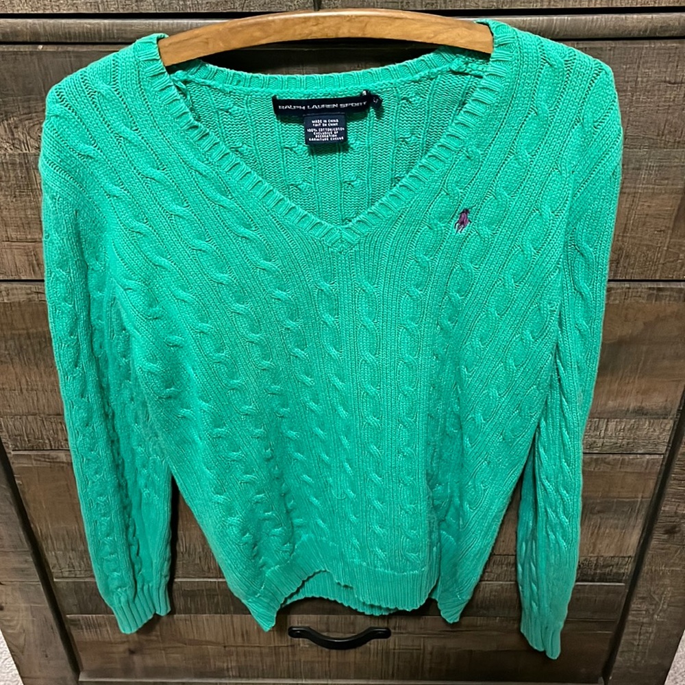 Ralph Lauren green cable knit v neck sweater sz Large